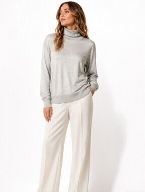 Composition NY Silk Blend Metallic Shimmer Turtleneck Sweater L Taupe Beige